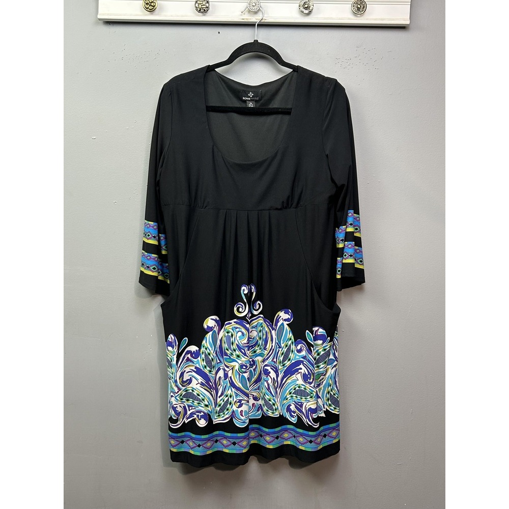 Ronni Nicole‎ Dress Womens 14 Black Multicolor Border Print 3/4 Sleeve Pockets